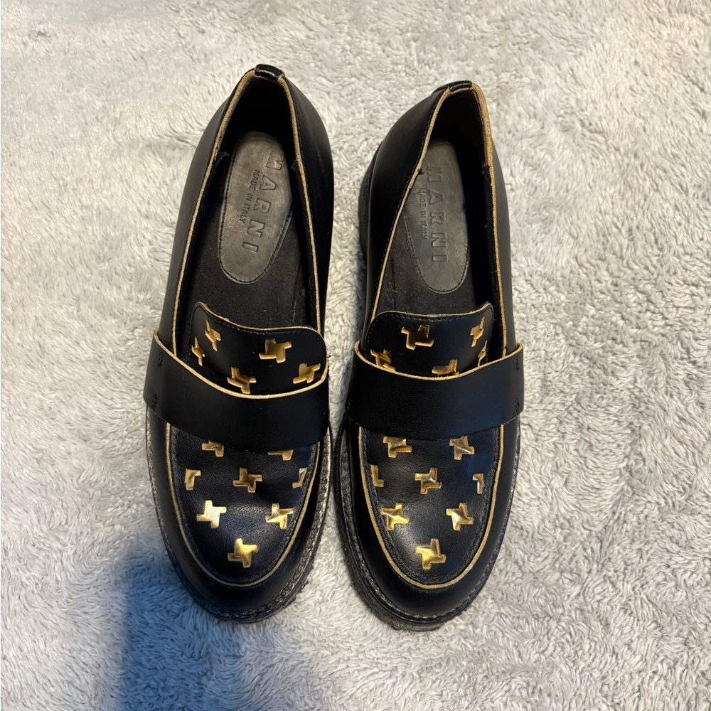 Marni Black Leather Loafers with Gold Hardware